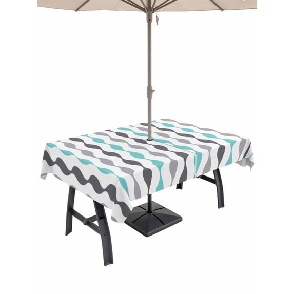 Outdoor Tablecloth with Umbrella Hole for Patio/Picnic/Party/Camping, Teal Grey Striped Waterproof Table Cloth Rectangle Table Cover Washable, Modern Abstract Geometric Stripes (54"x 80")