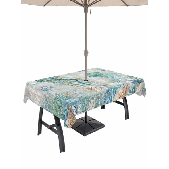 Outdoor Tablecloth with Umbrella Hole for Patio/Picnic/Party/Camping, Teal Jellyfish Coastal Waterproof Table Cloth Rectangle Table Cover Washable, Summer Beach Coral Nautical Ocean (60"x 84")