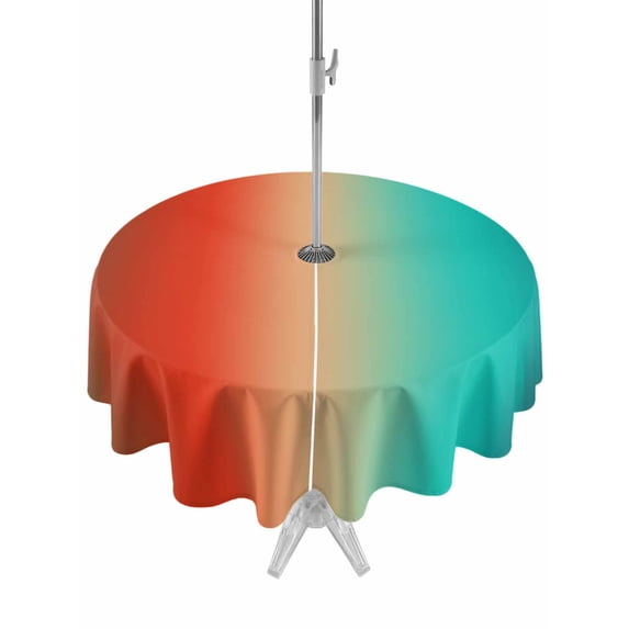 Outdoor Tablecloth with Umbrella Hole for Patio/Picnic/Party/Camping, Teal Orange Brown Ombre Waterproof Table Cloth Round Cover Washable, Abstract Modern Art Aesthetics (Dia 54")