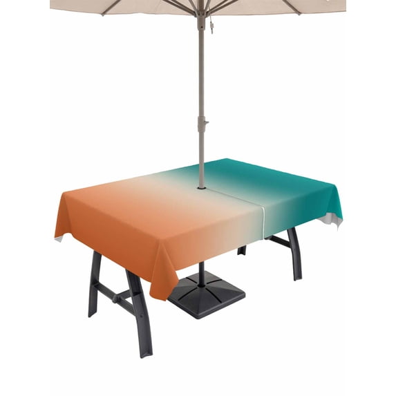 Outdoor Tablecloth with Umbrella Hole for Patio/Picnic/Party/Camping, Teal Orange Ombre Waterproof Table Cloth Rectangle Table Cover Washable, Contemporary Art Abstract Aesthetics (54"x 80")