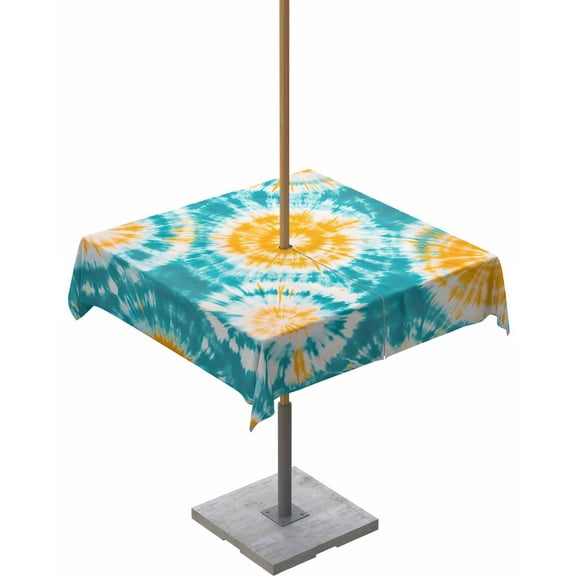 Outdoor Tablecloth with Umbrella Hole for Patio/Picnic/Party/Camping, Teal Orange Tie-Dye Waterproof Table Cloth Square Cover Washable, Ethnic Modern Abstract Watercolor 60"x 60"