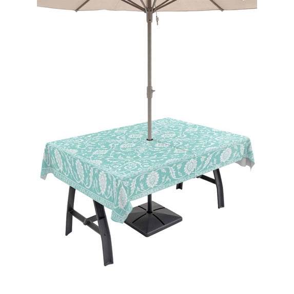 Outdoor Tablecloth with Umbrella Hole for Patio/Picnic/Party/Camping, Teal Paisley Boho Waterproof Table Cloth Rectangle Table Cover Washable, Abstract Art Floral Aesthetic (60"x 120")