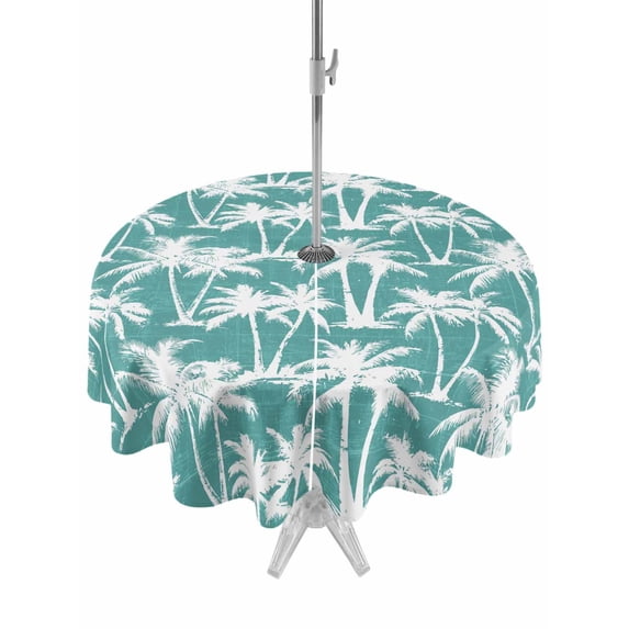 Outdoor Tablecloth with Umbrella Hole for Patio/Picnic/Party/Camping, Teal Palm Tree Summer Waterproof Table Cloth Round Cover Washable, Beach Tropical Botanical Coastal (Dia 60")