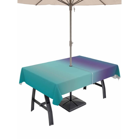 Outdoor Tablecloth with Umbrella Hole for Patio/Picnic/Party/Camping, Teal Purple Ombre Waterproof Table Cloth Rectangle Table Cover Washable, Modern Art Abstract Aesthetics (52"x 70")