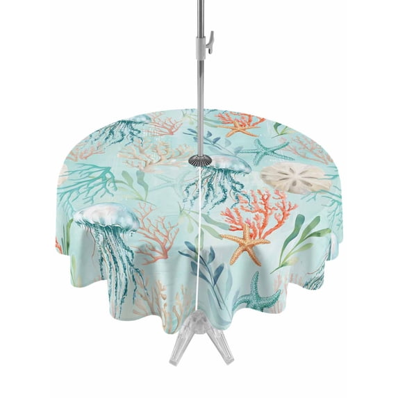 Outdoor Tablecloth with Umbrella Hole for Patio/Picnic/Party/Camping, Teal Red Coastal Jellyfish Waterproof Table Cloth Round Cover Washable, Summer Nautical Beach Coral Starfish (Dia 60")