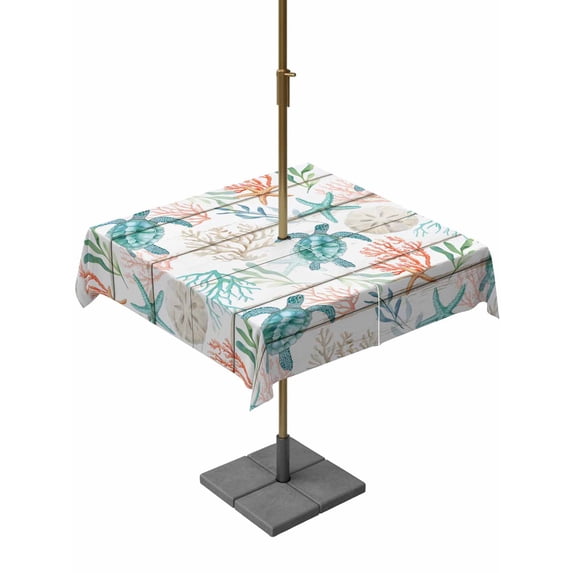Outdoor Tablecloth with Umbrella Hole for Patio/Picnic/Party/Camping, Teal Red Coastal Waterproof Table Cloth Square Cover Washable, Beach Nautical Sea Turtle Coral Starfish Vintage (60"x 60")