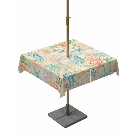 Outdoor Tablecloth with Umbrella Hole for Patio/Picnic/Party/Camping, Teal Red Coastal Waterproof Table Cloth Square Cover Washable, Nautical Seahorse Beach Coral Starfish Beige (54"x 54")