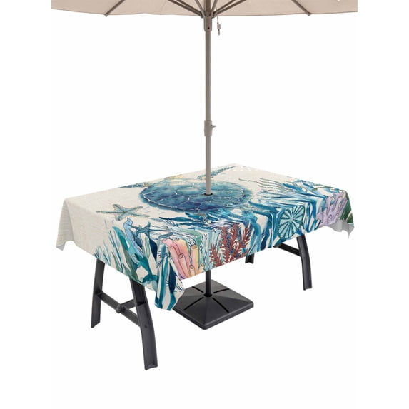 Outdoor Tablecloth with Umbrella Hole for Patio/Picnic/Party/Camping, Teal Sea Turtle Waterproof Table Cloth Rectangle Table Cover Washable, Coastal Summer Beach Coral Seaweed Rustic (60"x 120")