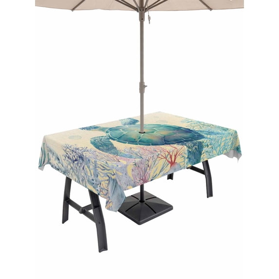 Outdoor Tablecloth with Umbrella Hole for Patio/Picnic/Party/Camping, Teal Sea Turtle Waterproof Table Cloth Rectangle Table Cover Washable, Summer Coastal Coral Ocean Linen Texture (54"x 80")