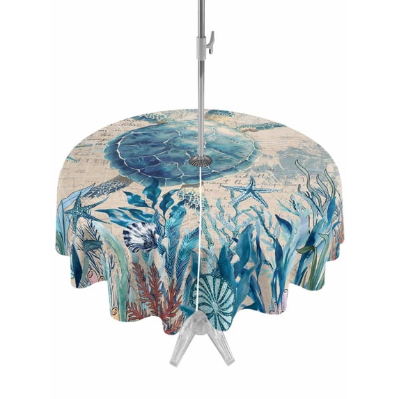 Outdoor Tablecloth with Umbrella Hole for Patio/Picnic/Party/Camping, Teal Sea Turtle Waterproof Table Cloth Round Cover Washable, Coastal Summer Beach Coral Seaweed Vintage (Dia 54")