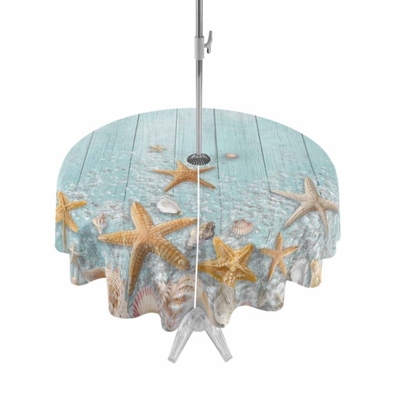 Outdoor Tablecloth with Umbrella Hole for Patio/Picnic/Party/Camping, Teal Starfish Coastal Waterproof Table Cloth Round Cover Washable, Summer Beach Shell Wooden (Dia 54")