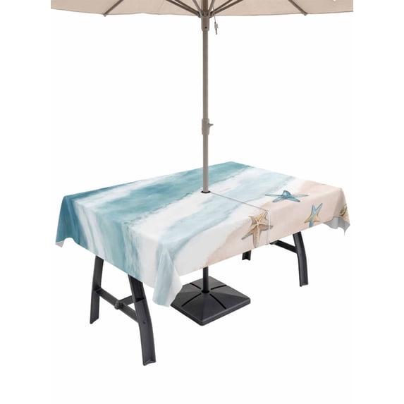Outdoor Tablecloth with Umbrella Hole for Patio/Picnic/Party/Camping, Teal Summer Beach Waterproof Table Cloth Rectangle Table Cover Washable, Coastal Waves Ocean Starfish Conch (60"x 102")