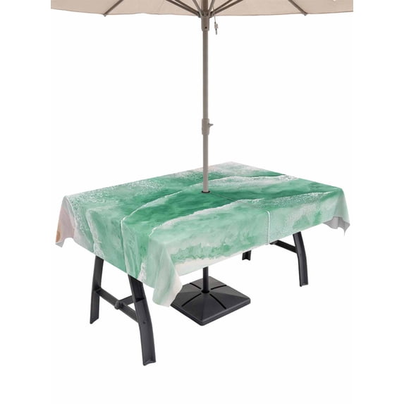 Outdoor Tablecloth with Umbrella Hole for Patio/Picnic/Party/Camping, Teal Waves Abstract Waterproof Table Cloth Rectangle Table Cover Washable, Boho Summer Beach Coastal Ocean Beach (54"x 80")
