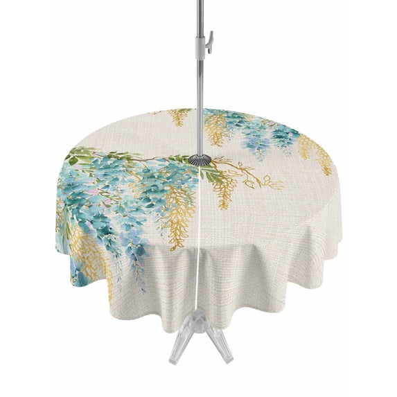 Outdoor Tablecloth with Umbrella Hole for Patio/Picnic/Party/Camping, Teal Weeping Floral Waterproof Table Cloth Round Cover Washable, Spring Summer Pastoral Flowers Rustic (Dia 60")