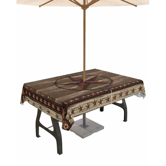 Outdoor Tablecloth with Umbrella Hole for Patio/Picnic/Party/Camping, Texas Star Brown Waterproof Table Cloth Rectangle Table Cover Washable, Farmhouse Vintage Wood Grain 52"x 70"