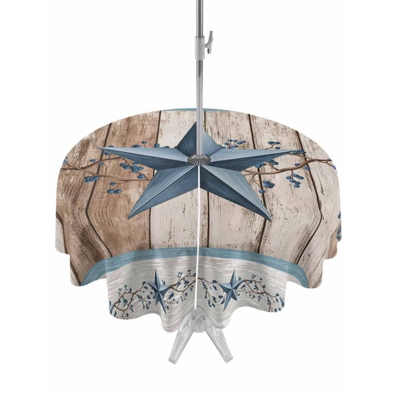 Outdoor Tablecloth with Umbrella Hole for Patio/Picnic/Party/Camping, Texas Star Rustic Waterproof Table Cloth Round Cover Washable, Country Blue Berry Brown Wooden Plank (Dia 60")