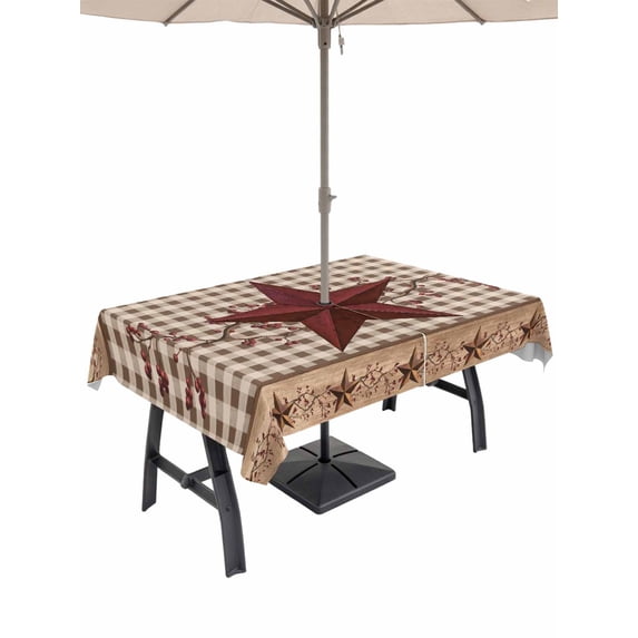 Outdoor Tablecloth with Umbrella Hole for Patio/Picnic/Party/Camping, Texas Star Vintage Waterproof Table Cloth Rectangle Table Cover Washable, Brown Checkered Berry Farmhouse (60"x 102")