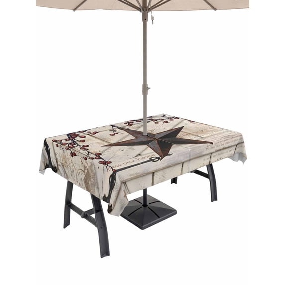 Outdoor Tablecloth with Umbrella Hole for Patio/Picnic/Party/Camping, Texas Star Vintage Waterproof Table Cloth Rectangle Table Cover Washable, Brown Retro Berry Beige Wooden Branches (60"x 120")