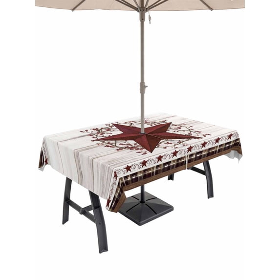 Outdoor Tablecloth with Umbrella Hole for Patio/Picnic/Party/Camping, Texas Star Vintage Waterproof Table Cloth Rectangle Table Cover Washable, Red Berry Retro Art White Wooden (54"x 80")