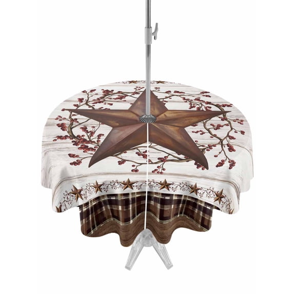 Outdoor Tablecloth with Umbrella Hole for Patio/Picnic/Party/Camping, Texas Star Vintage Waterproof Table Cloth Round Cover Washable, Red Berry Retro Art Brown White Wooden (Dia 60")