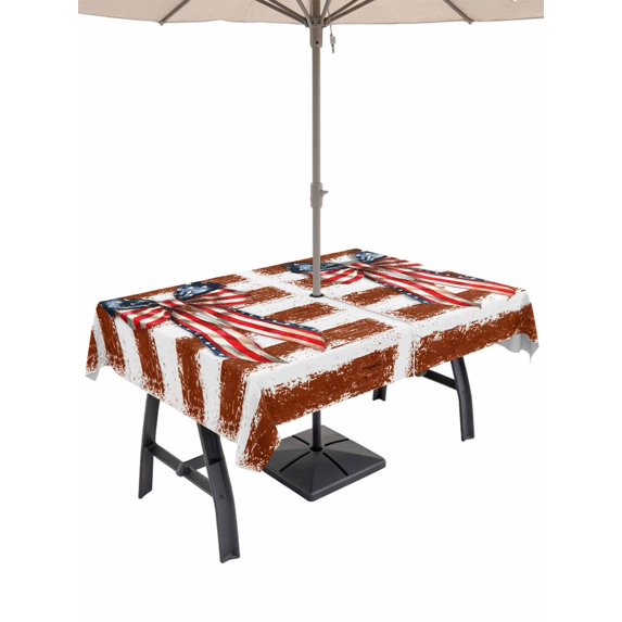 Outdoor Tablecloth with Umbrella Hole for Patio/Picnic/Party/Camping, Thin Brown Lines Waterproof Table Cloth Rectangle Table Cover Washable, Patriotic Bow Vintage Distressed Striped (60"x 120")