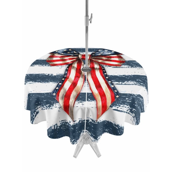 Outdoor Tablecloth with Umbrella Hole for Patio/Picnic/Party/Camping, Thin Navy Lines Waterproof Table Cloth Round Cover Washable, Patriotic Bow Vintage Distressed Striped (Dia 60")