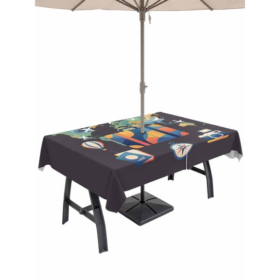 Outdoor Tablecloth with Umbrella Hole for Patio/Picnic/Party/Camping, Travel Adventure Waterproof Table Cloth Rectangle Table Cover Washable, Abstract Art Maps Suitcase Hot Balloons (52"x 70")