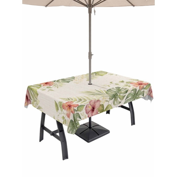 Outdoor Tablecloth with Umbrella Hole for Patio/Picnic/Party/Camping, Tropical Botanical Waterproof Table Cloth Rectangle Table Cover Washable, Farmhouse Leaves Floral Rustic Burlap (60"x 84")