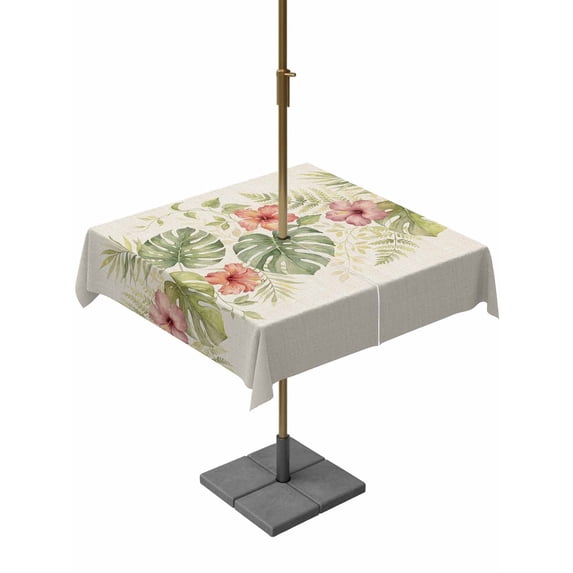 Outdoor Tablecloth with Umbrella Hole for Patio/Picnic/Party/Camping, Tropical Botanical Waterproof Table Cloth Square Cover Washable, Pastoral Rustic Leaves Floral Burlap (60"x 60")