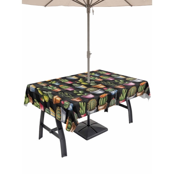 Outdoor Tablecloth with Umbrella Hole for Patio/Picnic/Party/Camping, Tropical Cactus Waterproof Table Cloth Rectangle Table Cover Washable, Spring Summer Potted Plants Black Plaid (52"x 70")