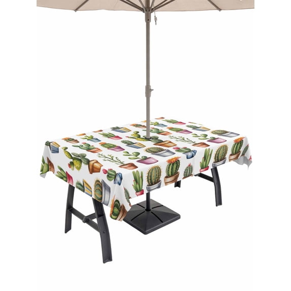 Outdoor Tablecloth with Umbrella Hole for Patio/Picnic/Party/Camping, Tropical Cactus Waterproof Table Cloth Rectangle Table Cover Washable, Spring Summer Potted Plants Watercolor (54"x 80")