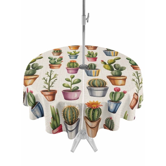 Outdoor Tablecloth with Umbrella Hole for Patio/Picnic/Party/Camping, Tropical Cactus Waterproof Table Cloth Round Cover Washable, Spring Summer Potted Plants Rustic (Dia 60")