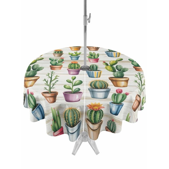 Outdoor Tablecloth with Umbrella Hole for Patio/Picnic/Party/Camping, Tropical Cactus Waterproof Table Cloth Round Cover Washable, Spring Summer Potted Plants Wooden (Dia 60")