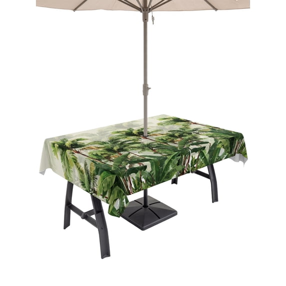 Outdoor Tablecloth with Umbrella Hole for Patio/Picnic/Party/Camping, Tropical Forest Waterproof Table Cloth Rectangle Table Cover Washable, Summer Botanical Palm Trees Banana Leaves Green (60"x 84")
