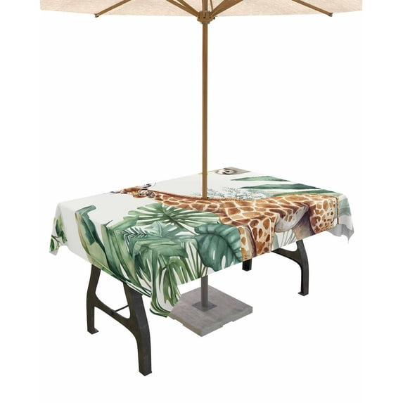 Outdoor Tablecloth with Umbrella Hole for Patio/Picnic/Party/Camping, Tropical Giraffe Sloth Waterproof Table Cloth Rectangle Table Cover Washable, Watercolor Summer Palm Leaf 60"x 102"