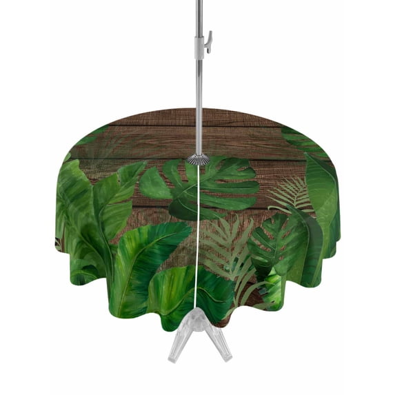 Outdoor Tablecloth with Umbrella Hole for Patio/Picnic/Party/Camping, Tropical Leaves Waterproof Table Cloth Round Cover Washable, Summer Botanical Monstera Leaf Wooden Brown (Dia 54")