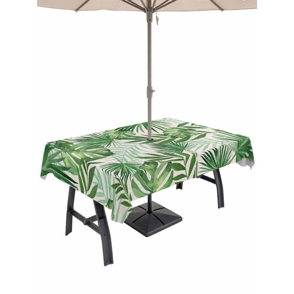 Outdoor Tablecloth with Umbrella Hole for Patio/Picnic/Party/Camping, Tropical Palm Leaves Waterproof Table Cloth Rectangle Table Cover Washable, Green Monstera Leaf Plants Summer Beige (60"x 102")