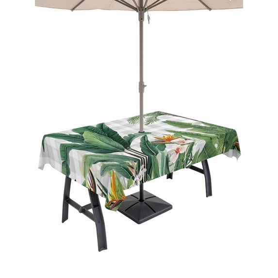 Outdoor Tablecloth with Umbrella Hole for Patio/Picnic/Party/Camping, Tropical Palm Trees Waterproof Table Cloth Rectangle Table Cover Washable, Green Botanical Summer Flowers Plaid (60"x 120")
