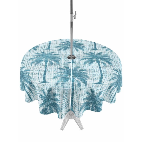 Outdoor Tablecloth with Umbrella Hole for Patio/Picnic/Party/Camping, Tropical Palm Trees Waterproof Table Cloth Round Cover Washable, Summer Coastal Teal Vintage (Dia 60")