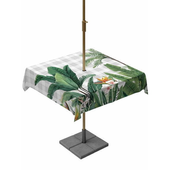 Outdoor Tablecloth with Umbrella Hole for Patio/Picnic/Party/Camping, Tropical Palm Trees Waterproof Table Cloth Square Cover Washable, Green Botanical Summer Flowers Plaid (60"x 60")