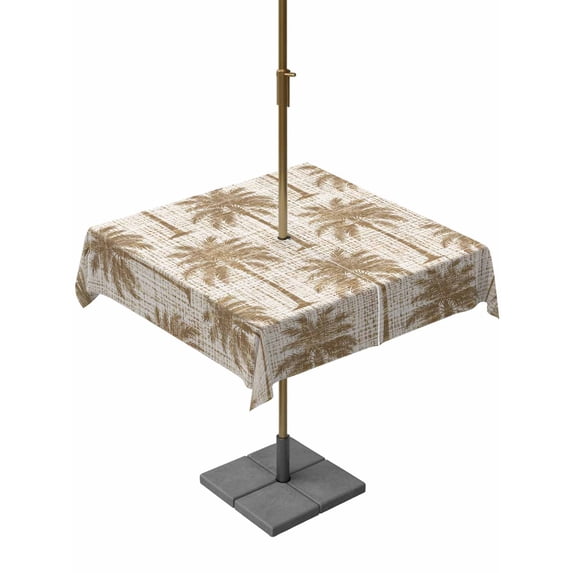 Outdoor Tablecloth with Umbrella Hole for Patio/Picnic/Party/Camping, Tropical Palm Trees Waterproof Table Cloth Square Cover Washable, Summer Coastal Beige Vintage (54"x 54")