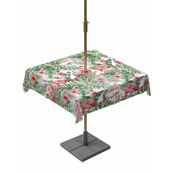 Outdoor Tablecloth with Umbrella Hole for Patio/Picnic/Party/Camping, Tropical Pink Flamingo Waterproof Table Cloth Square Cover Washable, Summer Palm Trees Botanical (54"x 54")