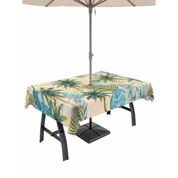 Outdoor Tablecloth with Umbrella Hole for Patio/Picnic/Party/Camping, Tropical Plant Waterproof Table Cloth Rectangle Table Cover Washable, Summer Watercolor Boho Green Palm Tree Beige (54"x 80")