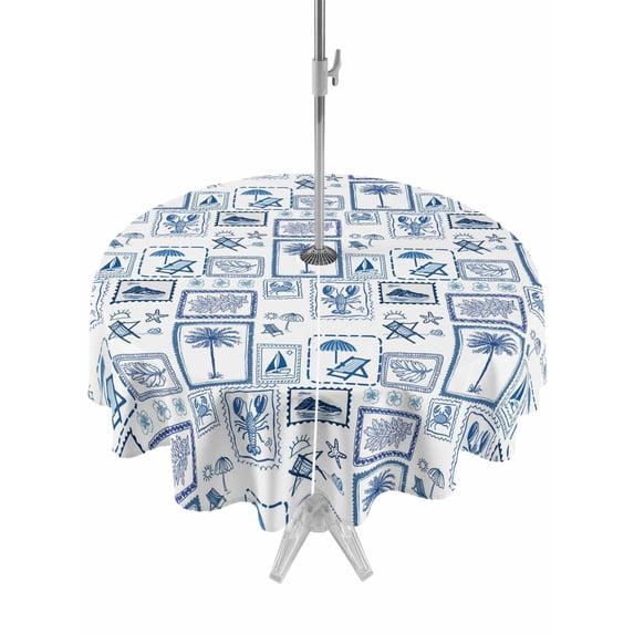 Outdoor Tablecloth with Umbrella Hole for Patio/Picnic/Party/Camping, Tropical Plants Waterproof Table Cloth Round Cover Washable, Summer Coastal Blue Plaid Palm Trees (Dia 54")