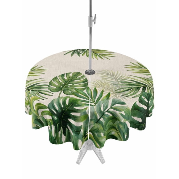 Outdoor Tablecloth with Umbrella Hole for Patio/Picnic/Party/Camping, Tropical Plants Waterproof Table Cloth Round Cover Washable, Summer Monstera Green Palm Leaves on Linen (Dia 60")