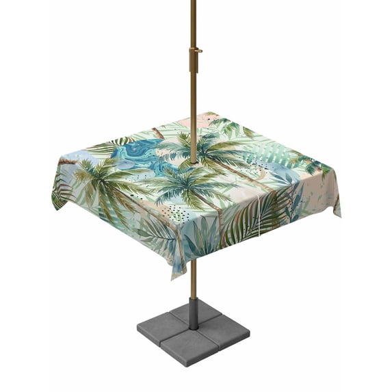 Outdoor Tablecloth with Umbrella Hole for Patio/Picnic/Party/Camping, Tropical Plants Waterproof Table Cloth Square Cover Washable, Summer Coastal Beach Coconut Tree Green (60"x 60")