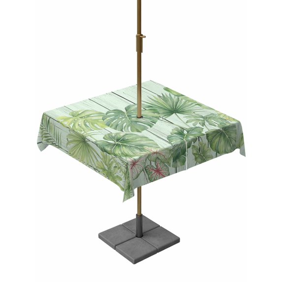 Outdoor Tablecloth with Umbrella Hole for Patio/Picnic/Party/Camping, Tropical Plants Waterproof Table Cloth Square Cover Washable, Summer Green Palm Leaves Wooden Grain (54"x 54")