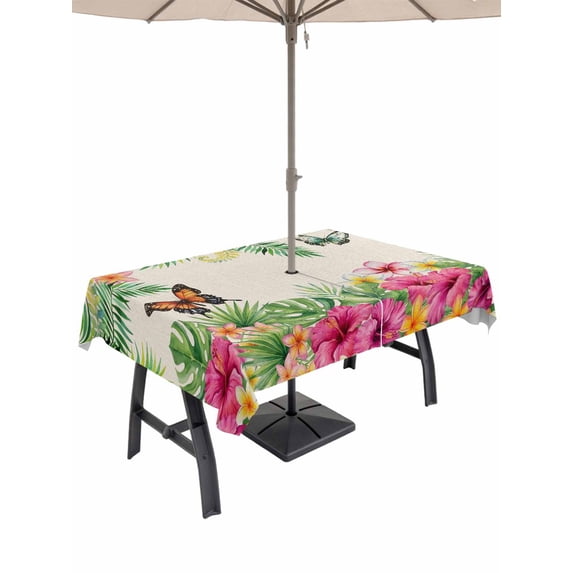 Outdoor Tablecloth with Umbrella Hole for Patio/Picnic/Party/Camping, Tropical Spring Waterproof Table Cloth Rectangle Table Cover Washable, Floral Leaves Butterflies Burlap Rustic (54"x 80")