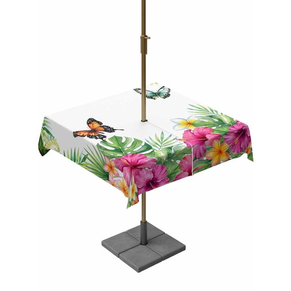 Outdoor Tablecloth with Umbrella Hole for Patio/Picnic/Party/Camping, Tropical Spring Waterproof Table Cloth Square Cover Washable, Floral Leaves Butterflies Watercolor (54"x 54")