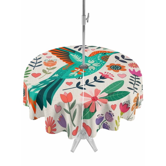 Outdoor Tablecloth with Umbrella Hole for Patio/Picnic/Party/Camping, Turquoise Birds Waterproof Table Cloth Round Cover Washable, Country Cartoon Colorful Flowers Herbs (Dia 60")